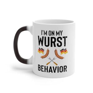 Teegarb Letter Blanket Caneca humorística I'm My Wurst Behavior da temporada germânica concerto bebida cerveja mudança de cor 325 ml (Cervejas)