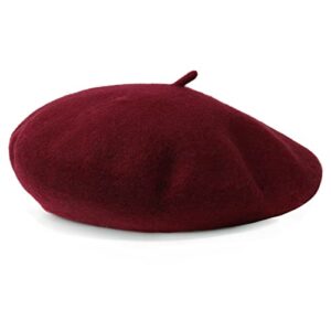 Boina feminina de lã francesa - gorro clássico de cor sólida para inverno, Vinho tinto, Tamanho Único (Vinhos)