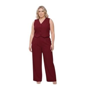 HBD Conjunto Plus Size Feminino com Calça Pantalona e Colete em Alfaiataria, 95% Poliéster 5% Elastano, Decote V, Bolsos Funcionais, Rosa e Vinho (Vinho, G2) (Vinhos)