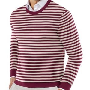COOFANDY Suéter masculino de gola redonda, caimento justo, leve, tricotado, pulôver para uso casual ou elegante, Riscas brancas/vinho, M (Vinhos)