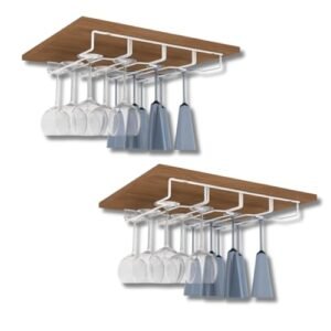 Kit com 2 Suportes Organizador para Taças de Vinho e Champanhe Suspenso Em Aço Reforçado Capacidade para 24 Taças Ideal para Prateleira, Armário de Cozinha Adega ou Bar Porta Taças Cor Branco 34x29cm (Vinhos)