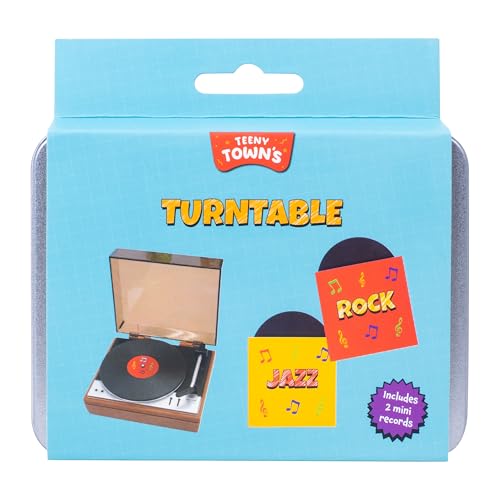 Fizz Creations Toca-discos Teeny Town – toca-discos de vinil em miniatura com 2 discos reproduzíveis – Presente musical de inspiração retrô para amantes de vinil, decoração de casa e colecionadores (Discos de Vinil)