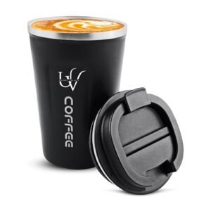 Unique Valley Caneca de café isolada de 380 ml com tampa – Copo térmico reutilizável de aço inoxidável para bebidas quentes e frias – Copo de café de viagem à prova de vazamento para trabalho e em (Café)
