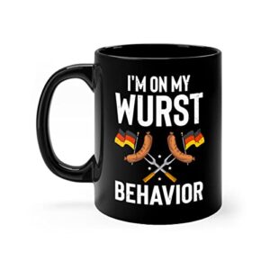 Caneca de café preta de 325 ml cerâmica bem-humorada I'm My Wurst Behavior German Fair Entusiasta Novidade Alemanha Temporada Concertos Eventos Beber Cerveja 325 ml (Cervejas)