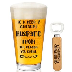 Henghere Presentes de aniversário engraçados para marido da esposa, presentes de aposentadoria de aniversário de casamento para homens ele, Dia dos Pais para Marido Copo de cerveja 473 ml (Cervejas)