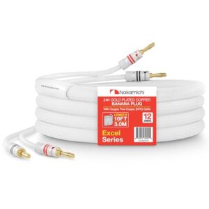 Nakamichi Série Excel Plugue Banana 24k com Cabo de Alto-Falante Cobre Livre de Oxigênio (OFC) 99,9% Trançado Reforçado para Amplificador Hi-Fi Home Theater – Branco (12 AWG / 10 Pés / 3,0 m) (Equipamentos)