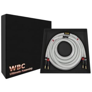 WORLDS BEST CABLES Ultimate 1,8 m - 7 AWG - Ultra-Pure OFC - Cabo de alto-falante audiófilo HiFi premium para canal central com plugues banana dourados Eminence e jaqueta de tweed prata (Equipamentos)