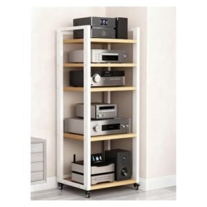 Rack resistente de 5 camadas com estrutura de aço resistente e prateleiras de madeira maciça, suporte de equipamento Hi-Fi de alta capacidade para receptor, amplificador, toca-discos e alto-falantes (Equipamentos)