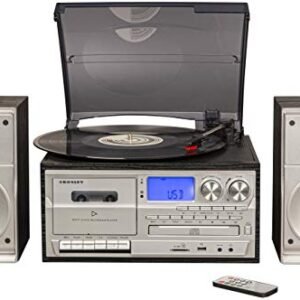 Crosley CR7014A-BK Eclipse toca-discos de 3 velocidades com Bluetooth, rádio AM/FM, leitor de CD/cassete, USB, leitor de cartão SD, aux-in (Equipamentos)