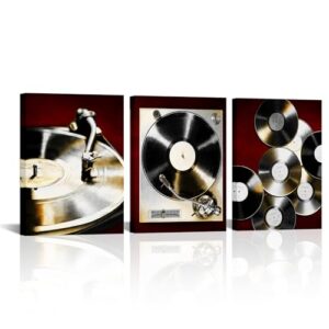 DuoBaorom Toca-discos de vinil vintage, arte de parede, 3 peças, pôsteres musicais, toca-discos e imagem preta e dourada (Discos de Vinil)