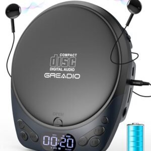 Greadio Leitor de Cd Portátil com Fones de Ouvido, Leitor de Cd Discman Recarregável para Carro E Casa, Pequeno Leitor de Cd Portátil com Função Anti-Pulos de 60 Segundos, Compatível (CDs)