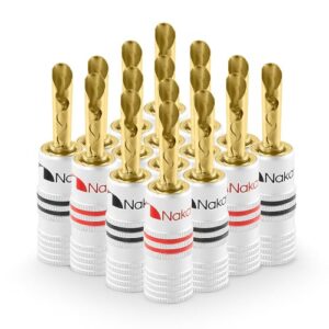 Nakamichi Série Excel Plugue Banana BFA Ouro 24k 12-18 AWG 4mm p/Caixa Som Amplificador Hi-Fi AV Home Theater Cabo Áudio Conector Parafuso, 16 Peças (8 Pares) (Equipamentos)