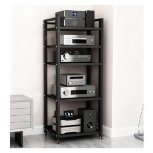 Rack resistente de 5 camadas, estrutura de aço resistente e prateleiras de madeira maciça, suporte de equipamento Hi-Fi de alta capacidade para receptor, amplificador, toca-discos, alto-falante (preto (Equipamentos)