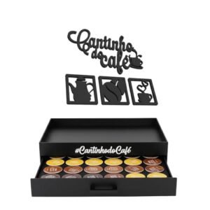 Bandeja Dolce Gust@ 24 Cápsulas Preta Kit Placas Cantinho do Café 4 Peças Suporte para Cafeteira e Xícaras Cantinho do Chá (Café)