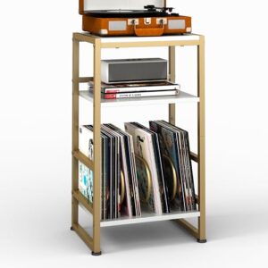 ZEXVIDA Suporte para toca-discos de vinil de 3 níveis – mesa de canto para armazenamento de álbuns, 71 cm A com armazenamento de até 120 álbuns, mesa lateral para sala de estar e quarto (ouro) (Equipamentos)