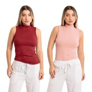 Kit 2 Regatas Canelada Gola Alta Feminina Liée Slim Básica (BR, Alfa, G, Regular, Vinho/Rose) (Vinhos)