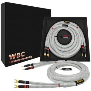 WORLDS BEST CABLES 8 pés Ultimate - 7 AWG - Ultra-Pure OFC - Cabo de alto-falante audiófilo HiFi extra premium par com plugues Eminence Gold Banana (x2) e Spade (x2) e jaqueta de tweed prata (Equipamentos)