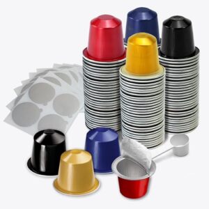 Cápsulas de café expresso descartáveis para linha original Nespresso, cápsula de filtro de café vazia preenchível, kit de cápsulas de substituição para máquinas de café Nespresso (120 cápsulas + 120 (Café)