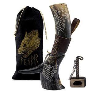 FENRIR Viking Drinking Real Horn com coldre de couro marrom abridor lobo para Ale Mead presente para homens e mulheres 100% autêntico chifre nórdico medieval (tamanho 425-510 g) acabamento de brilho (Cervejas)