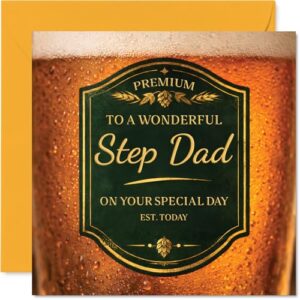 Stuff4 Cartão de aniversário sincero para padrasto - Cheers to a Wonderful Stepdad - motivo de celebração da cerveja com design em ouro e verde ousado - quadrado de 14 cm, envelope incluído (Cervejas)