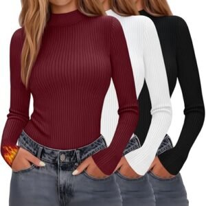 Evervibe Pacote com 3 camisetas femininas de algodão com gola redonda, manga comprida, gola rolê, térmica, justa, casual, camada de base, Preto, branco, vinho, XGG (Vinhos)