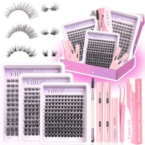 YlDUO Kit de aglomerados de cílios naturais extensões de cílios C/D Curl Wispy cílios postiços individuais, cílios de extensão natural DIY com cola*2|Pinças|Removedores|Escova de cílios e sobrancelhas (CDs)