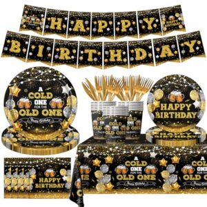 Juweked Conjunto De 142pç Decoração De Aniversário Com Tema De Cerveja, Incluindo Pratos, Guardanapos, Copos, Toalha De Mesa E Faixa. Decoração Preta E Dourada Para Festas De 20, 30, 40 E 50 Anos (Cervejas)
