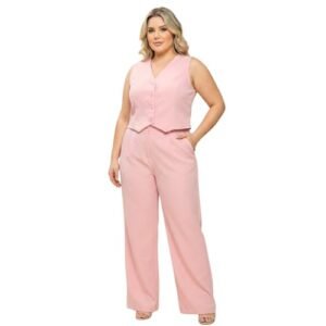 HBD Conjunto Plus Size Feminino com Calça Pantalona e Colete em Alfaiataria, 95% Poliéster 5% Elastano, Decote V, Bolsos Funcionais, Rosa e Vinho (Rosa Claro, G1) (Vinhos)