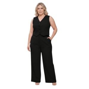 HBD Conjunto Plus Size Feminino com Calça Pantalona e Colete em Alfaiataria, 95% Poliéster 5% Elastano, Decote V, Bolsos Funcionais, Rosa e Vinho (Preto, G3) (Vinhos)
