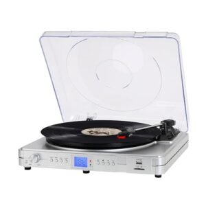 Pareiko Reocrd Player de vinil com Bluetooth USB/SD Playback, toca-discos de 3 velocidades com acionamento por correia, alto-falantes estéreo bulit-in, suporte auxiliar na entrada RCA, tela LED prata (Equipamentos)
