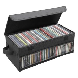 Dntorx Caixa de armazenamento de CD, suporte de CD com alças, tampa de 35 x 16 x 129 cm, caixa organizadora de CD empilhável com janela transparente, comporta até 32 CDs em estojos de joias completos (CDs)