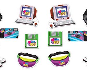 Beistle 90's Decorations 14 Piece VHS Floppy Disk CD Player Fanny Pack Cut Outs Decade Party Supplies, 8.75" - 12.5", Multicolored (CDs)