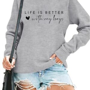 RMTXCD Moletom feminino Life is Better with My Boys com estampa de letras, estampa de letras, pulôver Mom Life, casual, gola redonda, Cinza, G (CDs)