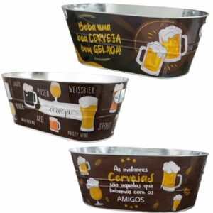 Balde de Cerveja Oval 8L em Metal Galvanizado com Estampas Sortidas – Conserva Bebidas Geladas por Mais Tempo em Churrascos, Happy Hour e Reuniões (Cervejas)
