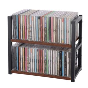 Rainmae Suporte de CD para exibição de metal de madeira, prateleira de armazenamento de CD, organizador de mesa resistente, organizador de CD para bancada, prateleira de mídia, escritório em casa (CDs)