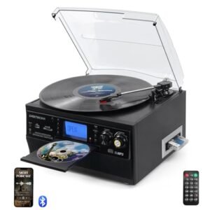 DIGITNOW Leitor de discos 9 em 1 com alto-falante estéreo, toca-discos de 3 velocidades para vinil, leitor de CD/cassete, Bluetooth, reprodução USB/SD, rádio AM/FM, entrada auxiliar, controle remoto (Equipamentos)
