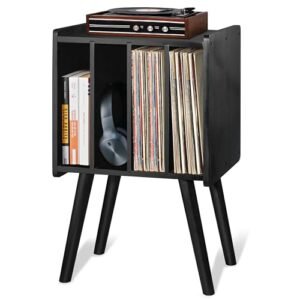2BHOME Suporte para toca-discos de madeira, acomoda 100 LPs, suporte organizador de discos de vinil de acácia natural com design moderno de meados do século para arquivos/livros (preto) (Equipamentos)