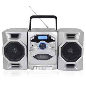 Emerson - Leitor de CD portátil com leitor de cassete, gravador de fitas, rádio AM/FM, entrada AUX MP3, altifalantes removíveis, AC/DC e funciona com pilhas, sistema estéreo para casa, (CDs)