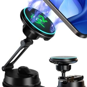 【Suporte de carro dobrável com sucção a vácuo】 Carregador Qi2 certificado para MagSafe, braço de liga de alumínio ajustável de 360°, suporte de telefone para Tesla/aluguel de carro/academia/espelho (CDs)