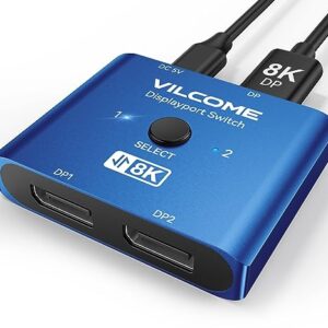 vilcome Switch Displayport 8K, Plug & Play, Comutação com Um Botão, Switch Displayport Bidirecional 2 Entradas 1 Saída / 1 Entrada 2 Saídas, 8K@60Hz, 4K@120Hz, 1080P@240Hz para Pc, Monitor E Laptop (Equipamentos)