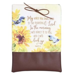 Dicksons Capa protetora para diário bíblico com fecho de amarrar, 26,7 x 20,3 cm, em lona de algodão com fundo de vinil, estampa floral de pássaros e a frase "Minha voz você ouvirá". (CDs)