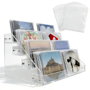 Suporte de CD em cascata de acrílico transparente de 4 camadas, suporte de exibição de DVD/CD, caixa de armazenamento e prateleira de disco de vinil. Comporta até 32 caixas de CD padrão e inclui 20 (CDs)