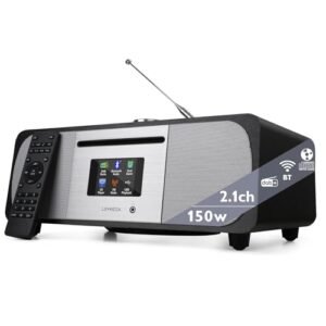 LEMEGA Leitor de CD M6P com rádio FM, transmissão Bluetooth, sistema estéreo HiFi de 150 W com subwoofer interno, tela colorida de 7.1 cm, predefinições, controle remoto, armário acústico de madeira (Equipamentos)