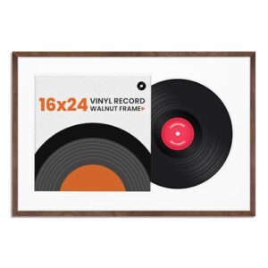 Moldura de disco de vinil, madeira de nogueira natural, 60 x 40,6 cm, com tapete, para gravação de LP de 32 x 32 cm, capa de vidro temperado resistente a quebras e ferragens para pendurar na parede (Discos de Vinil)