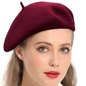Boina Francesa Clássica Unissex, Feltro, 53 cm de Circunferência, 17 cm de Diâmetro, Disponível em Vermelho, Preto e Branco (Vinho) (Vinhos)