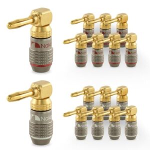 Nakamichi FanLock Série Excel plug banana em ângulo reto (90°), banhado a ouro 24k, 10 AWG–18 AWG, 4 mm, para caixas acústicas, amplificador Hi-Fi e home theater. Conector rápido, 16 Peças (8-Pares) (Equipamentos)