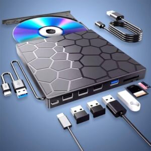 Unidade externa de CD/DVD portátil ultrafina 8 em 1 para laptop - Gravador USB 3.0 com velocidade de leitura de CD/RW 24x e DVD 8X (CDs)