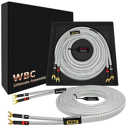 WORLDS BEST CABLES Cabo de alto-falante HiFi Audiófilo Premium 10 AWG - Ultra-Pure OFC - Par de cabos de alto-falante HiFi com plugues Eminence Spade e jaqueta de tweed prata (Equipamentos)
