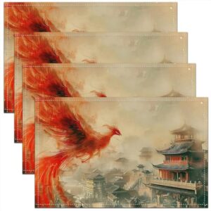 Jogo americano em aquarela Phoenix 30,5 x 45,7 cm - conjunto de 4 jogos americanos vintage tradicionais, à prova d'água, estilo chinês, limpáveis, pássaros orientais, animais à prova de arranhões (CDs)