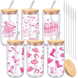 Amyhill Pacote com 6 latas de cerveja Western Cowgirl 473 ml Copos de café gelado rosa Howdy com tampa de bambu canudo de vidro laço rosa copo reutilizável vaqueira presentes de festa para (Cervejas)